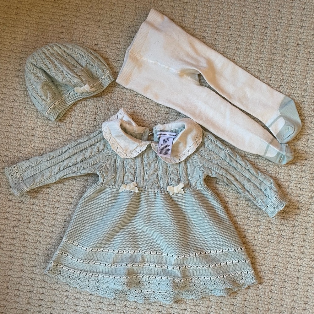 Baby Girl Dress, Hat, Tights Set - 3-6M